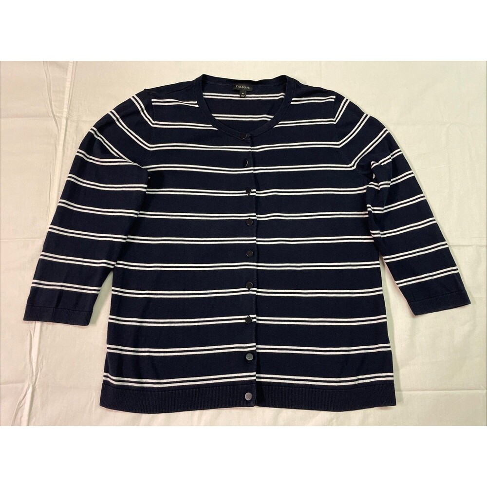Talbots Navy Blue White Stripe Cotton Blend Cardigan Sweater Size M